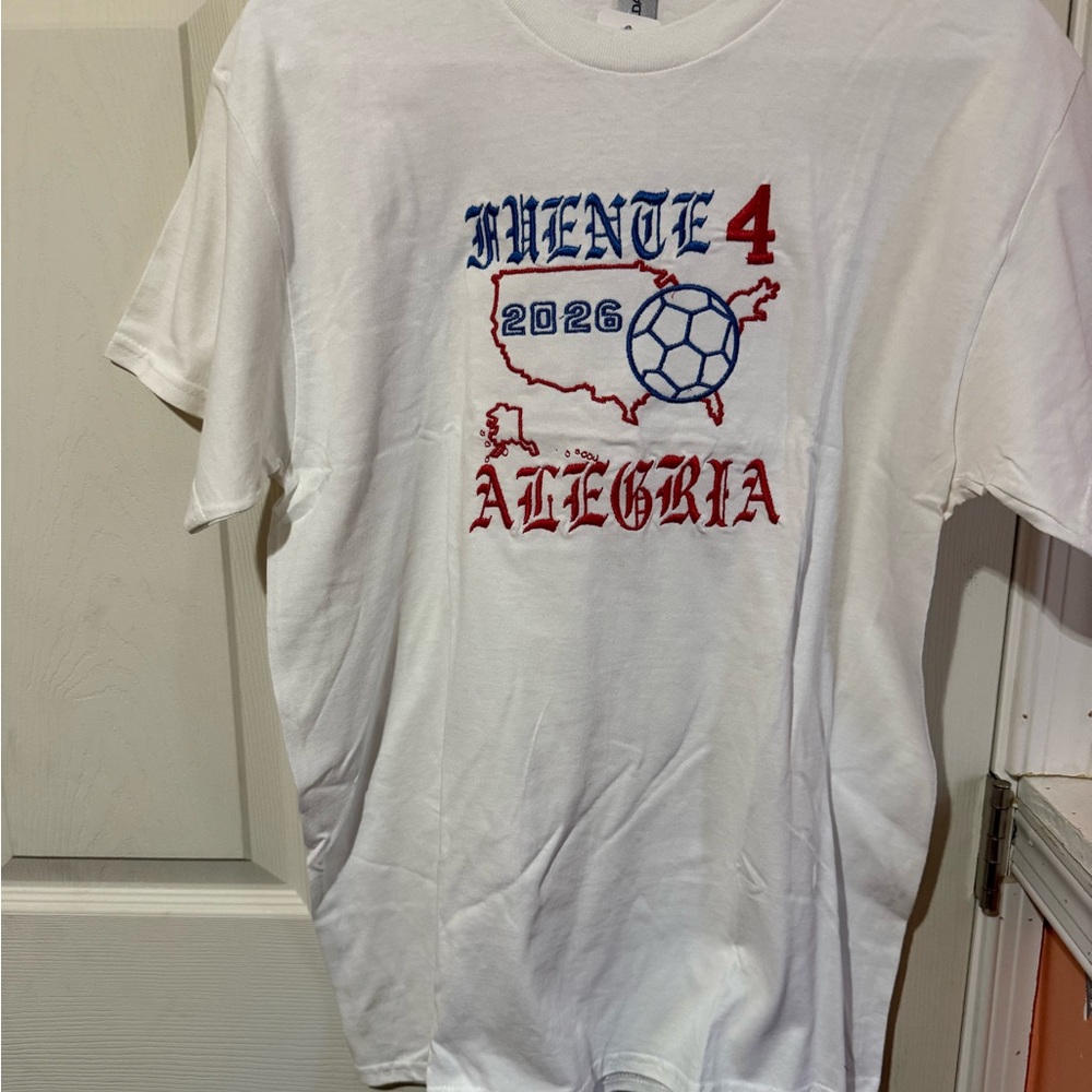 Gildan White Tee with Red and Blue Graphic